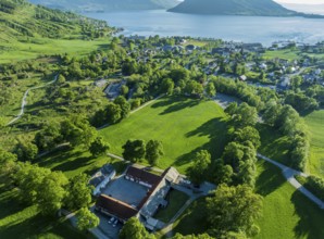 Aerial view of Rosendal Avlsgård og Fruehuset, guesthouse at baroniet Rosendal, old large farm