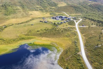 Aerial view of tourist hotel Raubergstulen, Jotunheimen National park, Norway, Europe