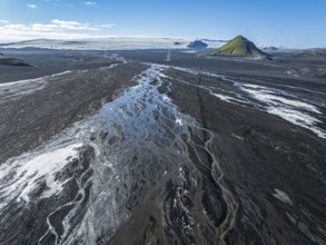Aerial view, Mælifell mountain covered with moss, Maelifell, black sand desert Mælifellssandur,
