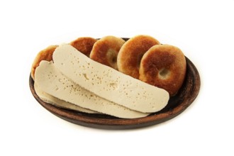 Mchadi, corn tortillas, traditional Georgian dish, corn bread, with Imeretian cheese, homemade, no