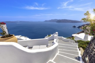 Greece, Greek Islands cruise, scenic panoramic sea views from top outlook of Oia, Europe