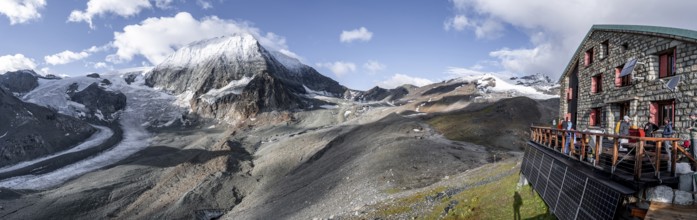 Mountain hut Labane des Dix with summit of Mont Blanc de Cheilon and glacier Glacier de Cheilon,