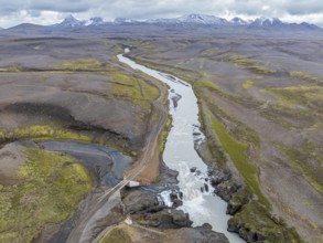 Aerial view of waterfall Gygjarfoss, Kerlingarfjöll, central highland, Iceland, Europe