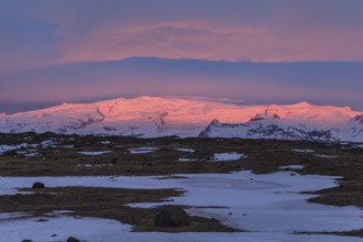 Dawn and morning light on glacier and mountain, winter, Vatnajökull, Iceland, Europe