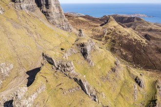 Aerial view of the Quiraing rock formation 'the prison', Trotternish peninsula, Isle of Skye,