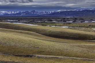 Volcanic landscape, lava, river, mountainous, summer, cloudy, highlands, Laki, Lakagigar, Iceland,