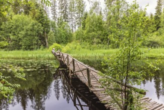 Wooden footbridge built by tree sticks over a river with a man sitting on a bench in a lush green