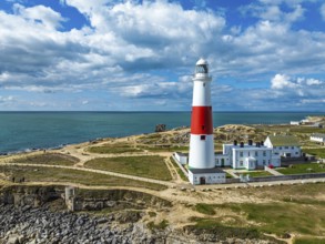 Portland Bill Lighthouse from a drone, Portland Bill, Isle of Portland, Dorset, England, United