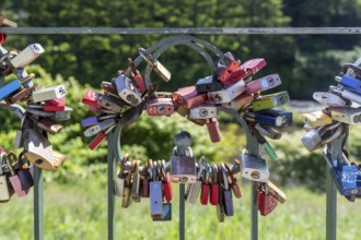 Railings with love locks, Zwickau, Saxony, Germany, Europe