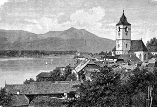 Sankt Wolfgang am Wolfgangsee in Austria, in 1870, Historical, digital reproduction of an original