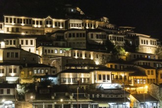 Detail of houses in the illuminated historic town of Berat in Albania, UNESCO, the city of a