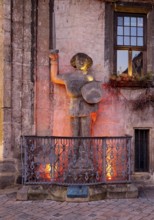 Illuminated Roland statue at the town hall at dusk, Quedlinburg, Saxony-Anhalt, Germany, Europe