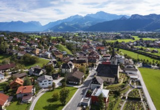 Drone image, view of village with church, Puch near Hallein, Salzachtal, Tennengau, Salzburg