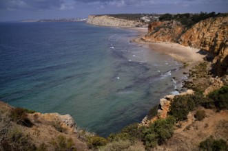 View from the cliff on beaches Praia do Canavial and Praia de Porto de Mos, cliffs, rocks, sea,
