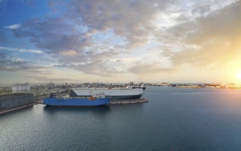 Mexico, Panoramic view of Veracruz city port wharf and cargo ships waiting at the docks. Biggest