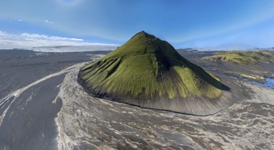 Aerial view, Mælifell mountain covered with moss, Maelifell, black sand desert Mælifellssandur,