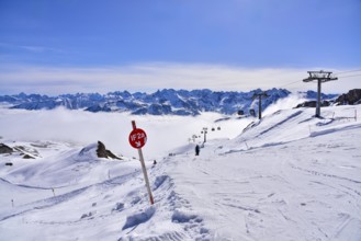 Ski piste in the Hoher Ifen ski area in Kleinwalstertal, in Allgäu, Vorarlberg, Austria, Europe