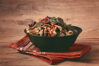 Udon noodles with beef in Mongolian style, with green onions and vegetables, served in a black