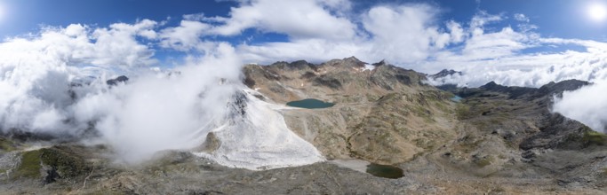 Panorama with mountain lake, glacier lake and glacier tongue on the Übeltalferner, aerial view,