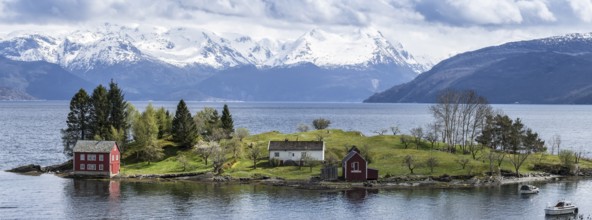Panorama, typical red house on an island in the Hardangerfjord, near Strandebarm, Hordaland,