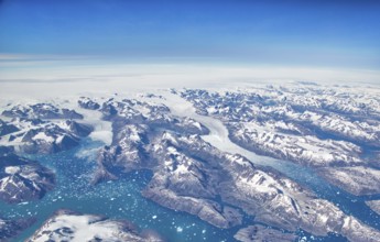 Aerial view of scenic Greenland Glaciers and icebergs