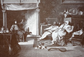 Decameron, Il Decamerone, scene in a country house in the hills of Florence, illustration after a