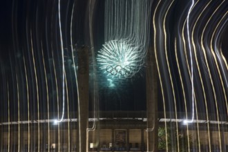 Fireworks behind the Olympic rings at the Pyronale on the Maifeld at the Olympic Stadium, Berlin,