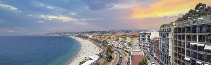 France, panoramic skyline of old historic Nice center and azure beaches along Promenade des