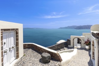 Greece, Greek Islands cruise, scenic panoramic sea views from top outlook of Oia, Europe