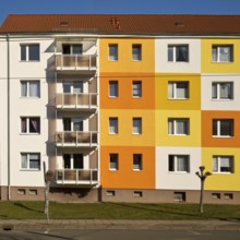 Geometrically and colourfully designed apartment buildings of a housing association, Halberstadt,