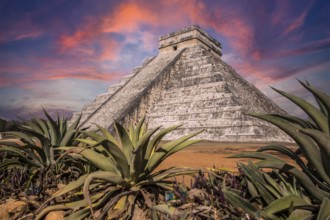 Sunset at the spectacular Chichén Itzá Pyramid in the province of Cancun. Mexico
