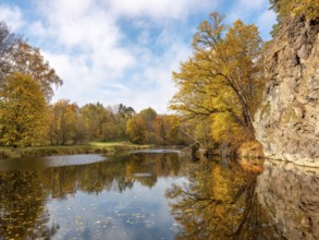 Steep rock at the river Saale in the Saale valley near Hirschberg in autumn, Hirschberg, Thuringia,