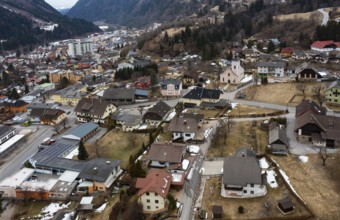Drone image, residential buildings, view of town, Radenthein, Gegendtal, Carinthia, Austria, Europe