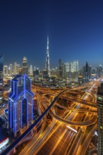 Dubai skyline at night, Burj Khalifa tallest building in the world, United Arab Emirates, Asia