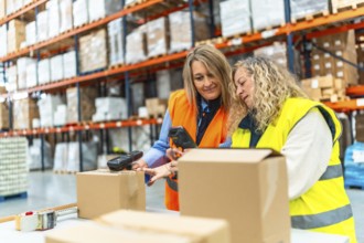 Women workers scanning parcels while preparing a deliver in a warehouse