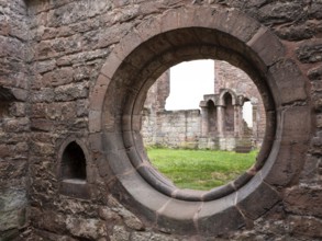 Round window opening at the ruins of the monastery church, former Cistercian nunnery, Stadtroda,
