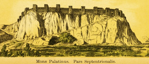 Hill Mons Pilatus or Mont Pilatus, Pars Septentrionalis, mountain with fortress and defence towers,