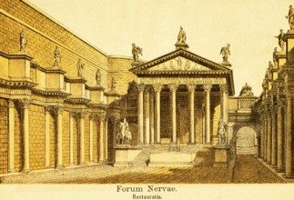 Forum Nervae or Foro di Nerva, Nerva Forum in restored retrospect, temple with columns forecourt,