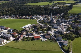 Drone image, settlement area, view of village with church, Pfarrwerfen, Salzachtal, Pongau,