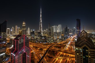 Dubai skyline at night, Burj Khalifa tallest building in the world, United Arab Emirates, Asia