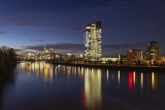 The lights in the offices of the European Central Bank (ECB) and in the skyscrapers of Frankfurt's