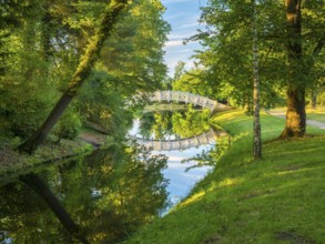 The Chinese or White Bridge in Wörlitz Park in the evening light, Garden Kingdom Dessau-Wörlitz,