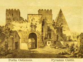 Porta Ostiensis with Pyramis Cestii, city gate with defence towers, battlements, part of the city