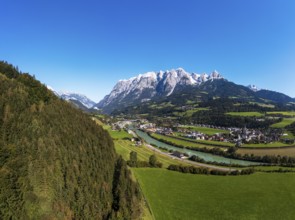 Drone shot, view of village with church, Pfarrwerfen, Tennengebirge, Salzachtal, Pongau, Salzburg