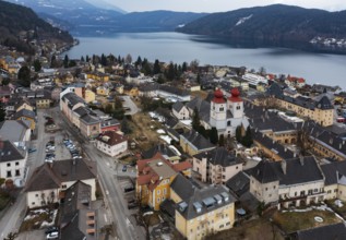 Drone shot, view of the town, Millstatt Abbey, Millstatt, Lake Millstatt, Carinthia, Austria,