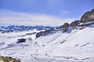 On the right the rock faces of the Hoher Ifen (2230 m) in Kleinwalsertal, on the left the mountain