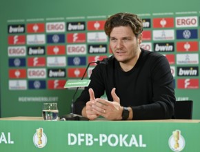 Coach Edin Terzic Borussia Dortmund BVB press conference, PK, DFB Cup, Logo, MHPArena, MHP Arena