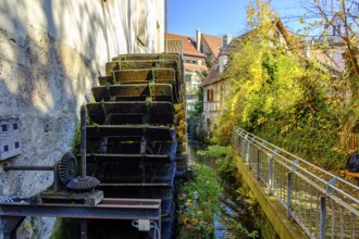 Historical mill wheel at the Klostermühle town museum, Bad Urach, Swabian Alb, Baden-Württemberg,