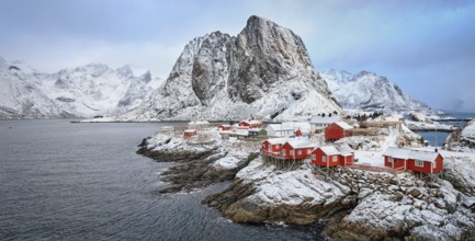 Panorama of famous tourist attraction Hamnoy fishing village on Lofoten Islands, Norway with red