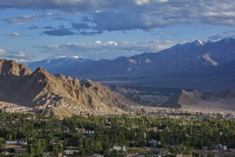 View of Leh from above from Shanti Stupa on sunset. Ladakh, Jammu and Kashmir, India, Asia